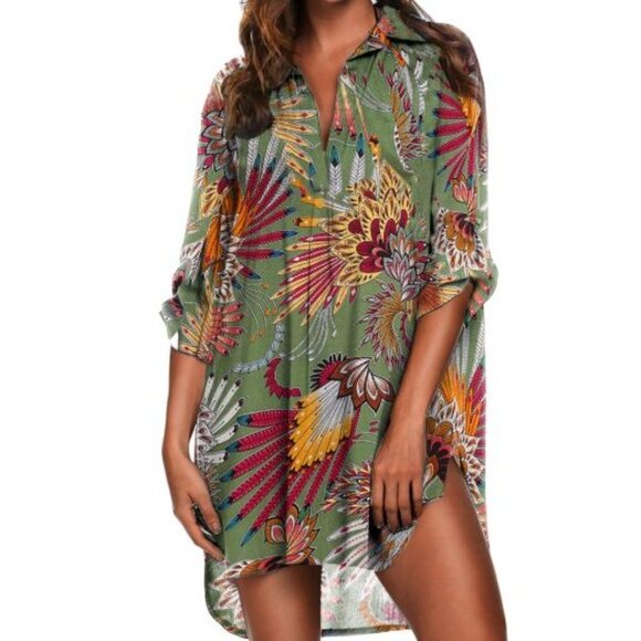 Ekouaer Floral Print Green Long Sleeve Women's size Small Cover Up Tunic Dress - Picture 2 of 5